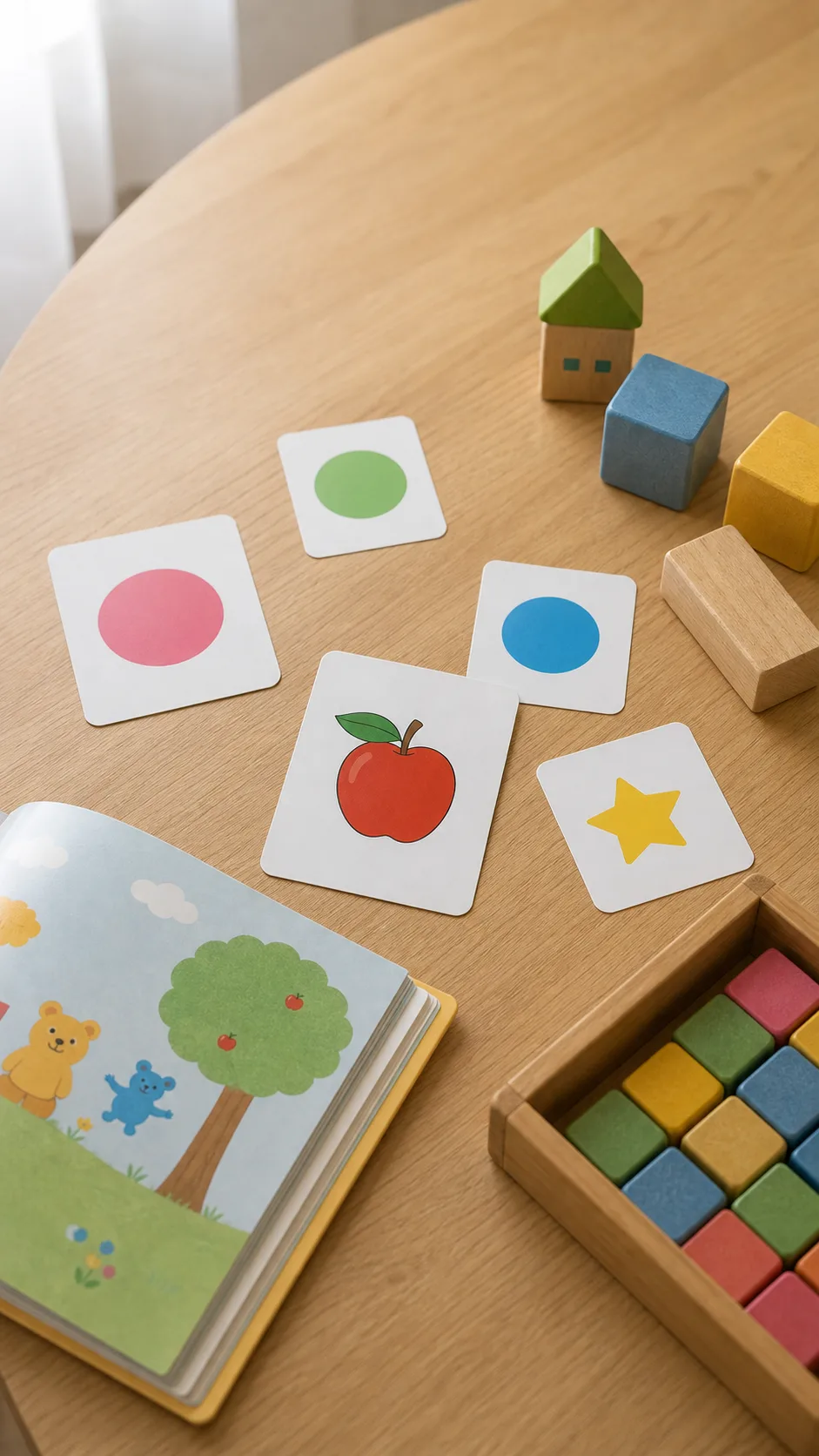 English cards, picture books, and wooden toys on a table
